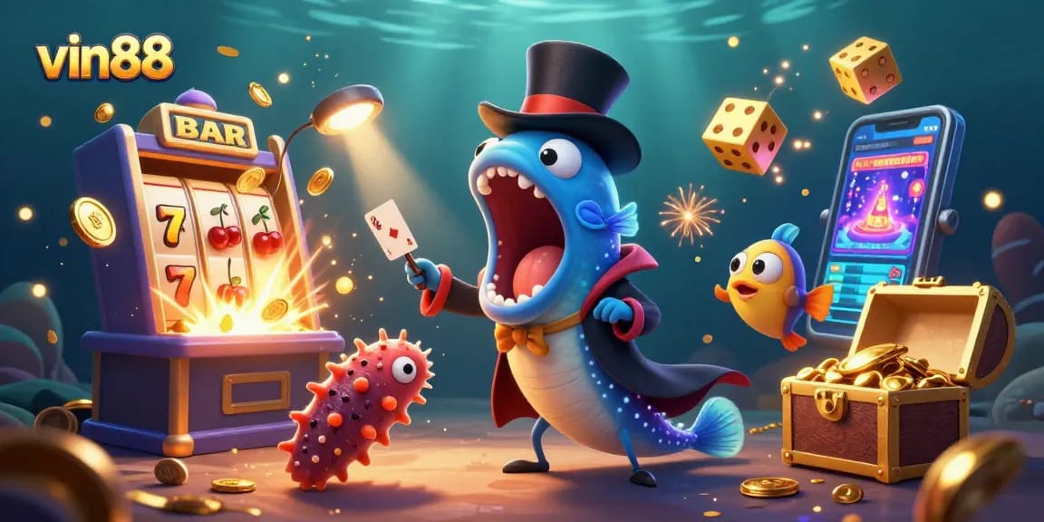 Experience the excitement of vin88 with a magical underwater casino scene filled with games and characters.