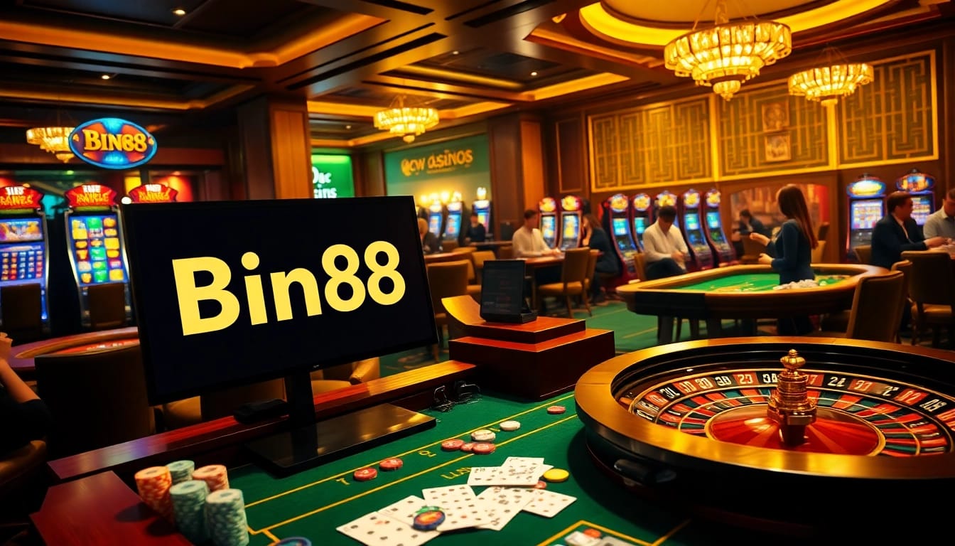Excited players enjoying the thrill of gambling at Bin88 casino tables with vibrant chips and cards.