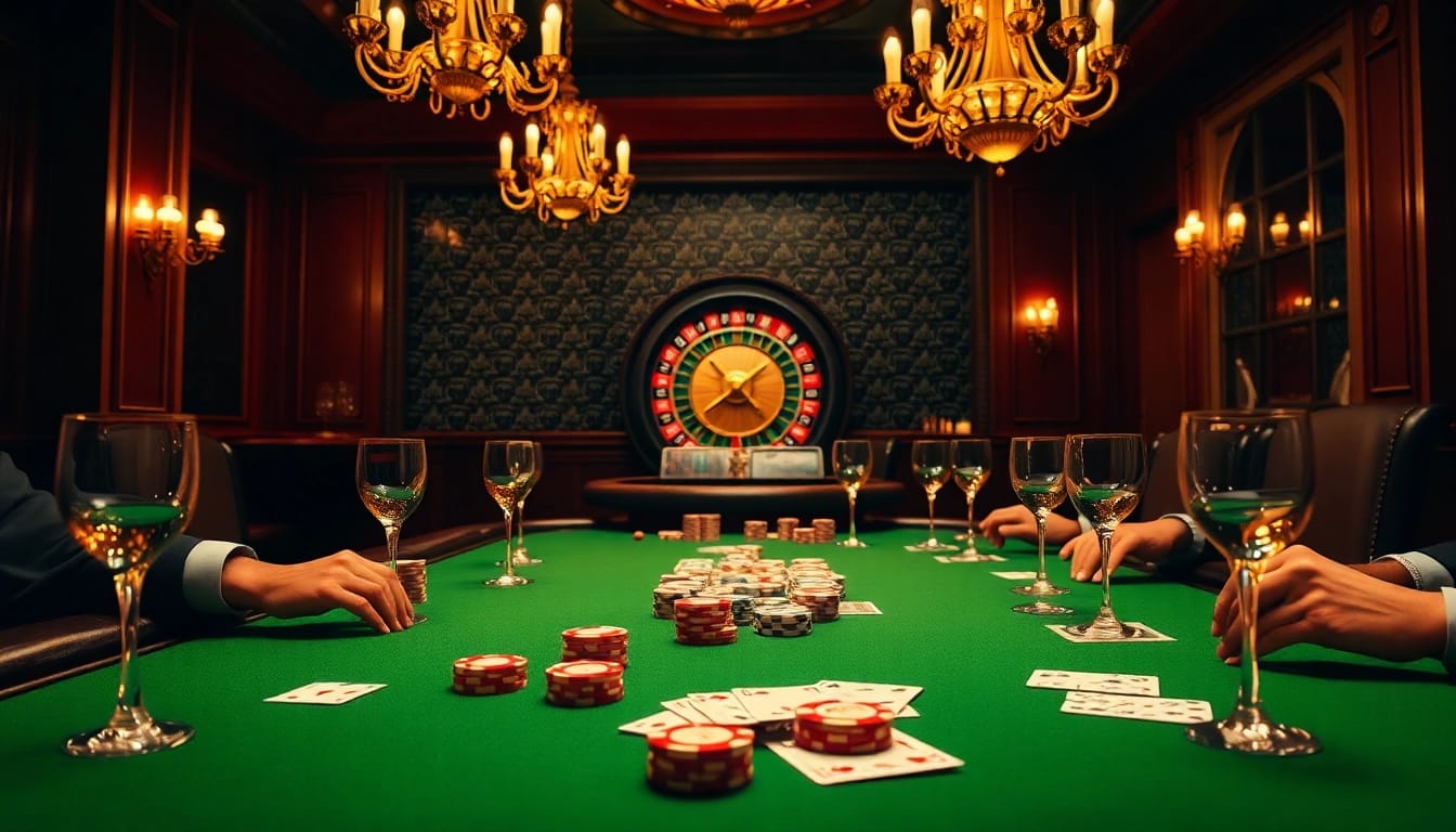 B52 Club poker table with chips and cards, creating an exciting gambling atmosphere.