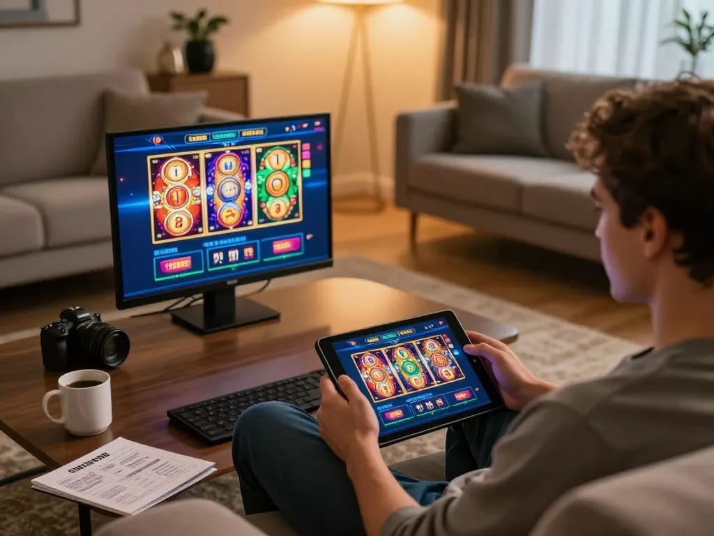 Engaging in responsible online gambling at https://sky888.cn.com/, enjoying colorful slot games on a tablet.