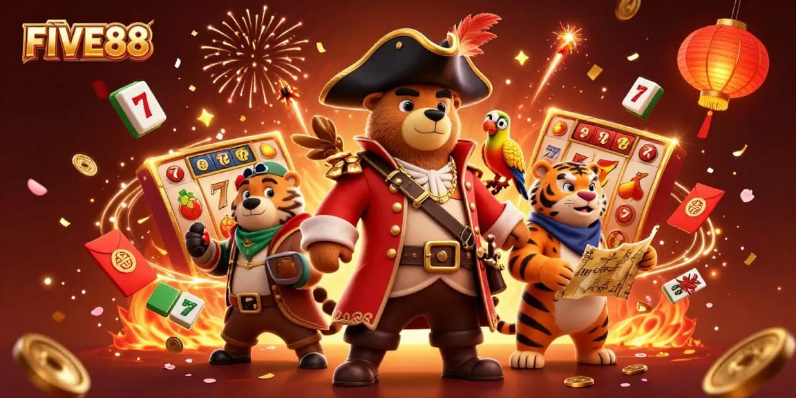 Experience the excitement of FIVE88 with a detailed casino-themed scene featuring a pirate captain bear.