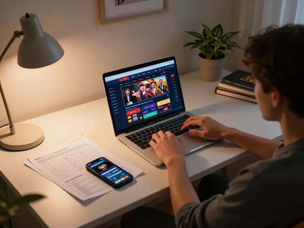 Engaging in online gaming with ku88q on a laptop, showcasing strategy notes and a smartphone in a cozy home environment.