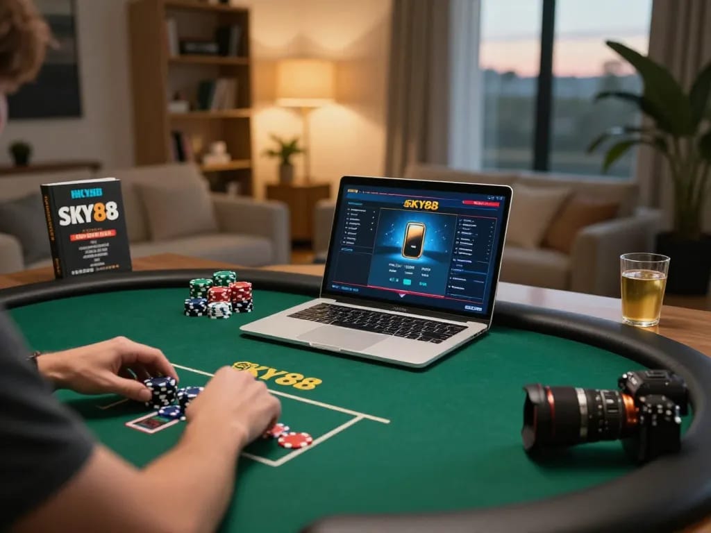 SKY88 player strategizing poker gameplay on a sleek laptop in a cozy home setting