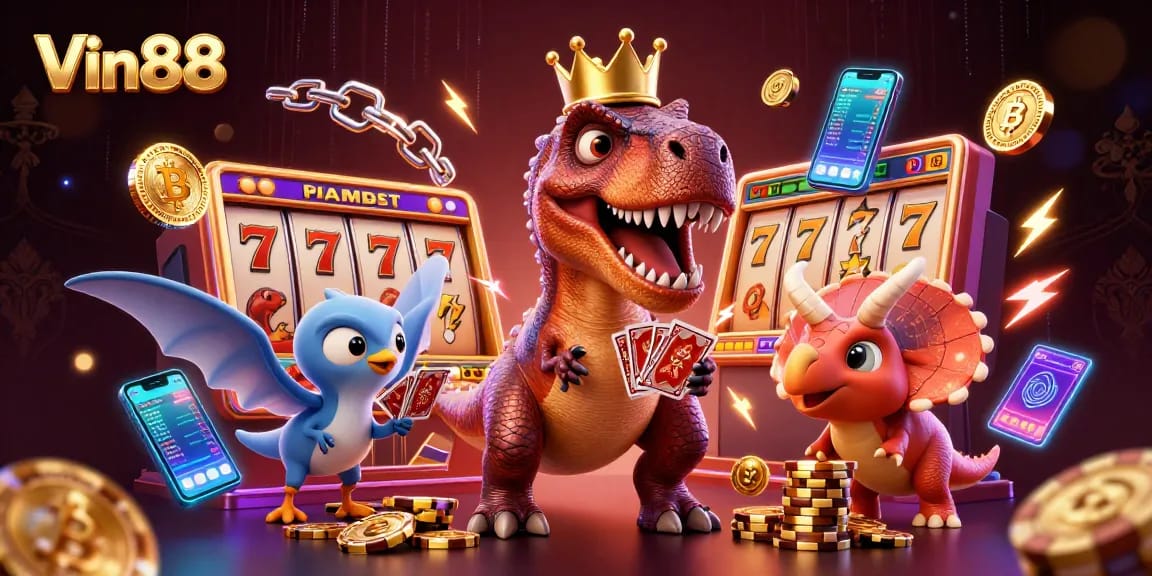 Join the thrilling action at Vin88 with a vibrant 3D casino scene featuring a T-Rex and friends.