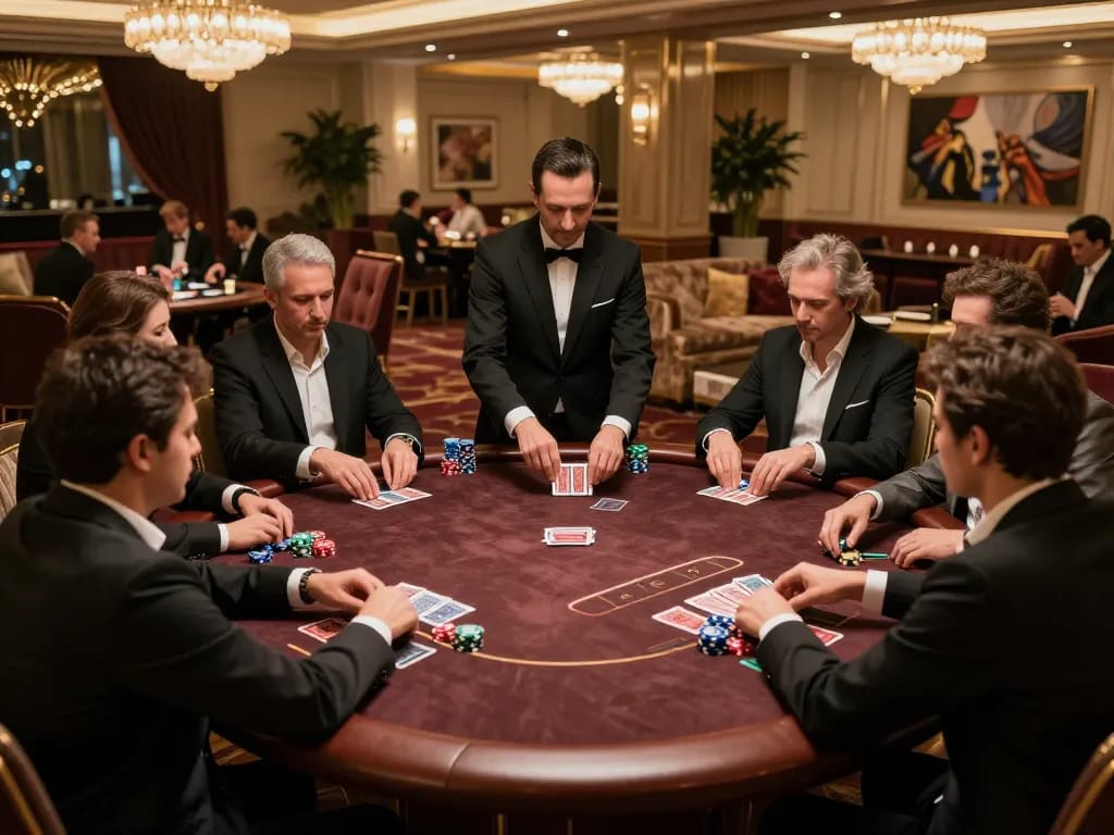 DA88 VIP poker room scene with players strategically engaged at an upscale casino table.