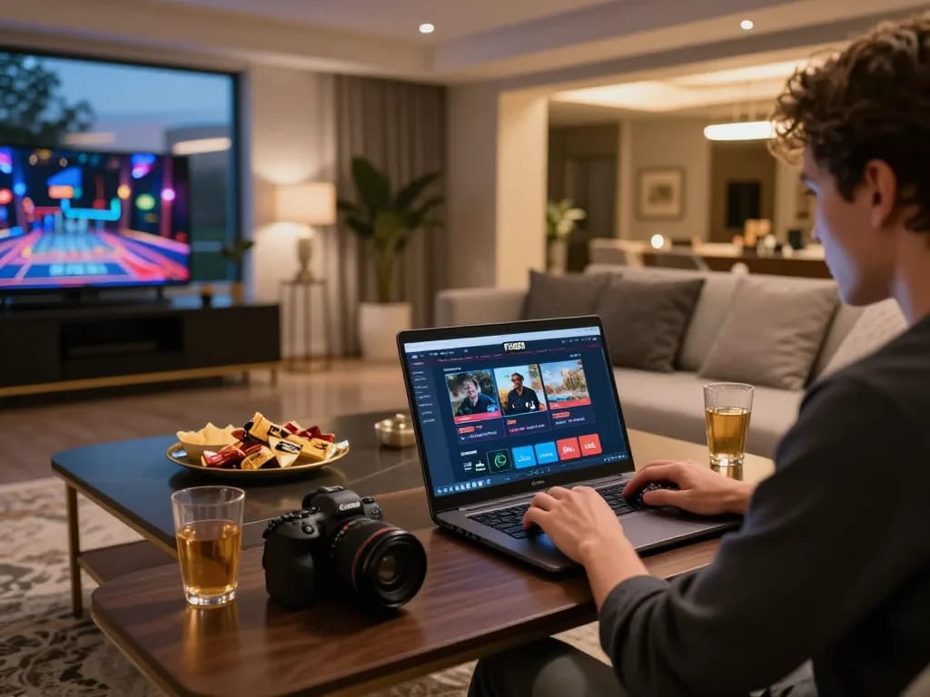 Five88 player engaging in online gaming on a laptop at home with a stylish setup.