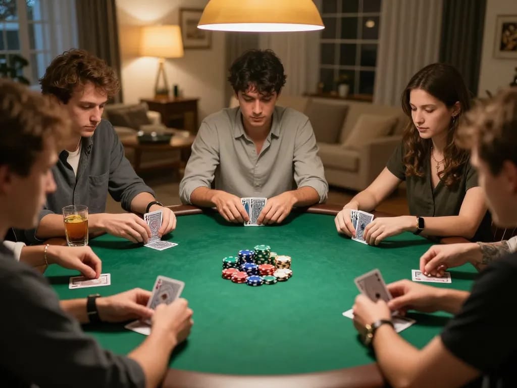 Players enjoying a strategic poker game at home, showcasing five88's engaging atmosphere.