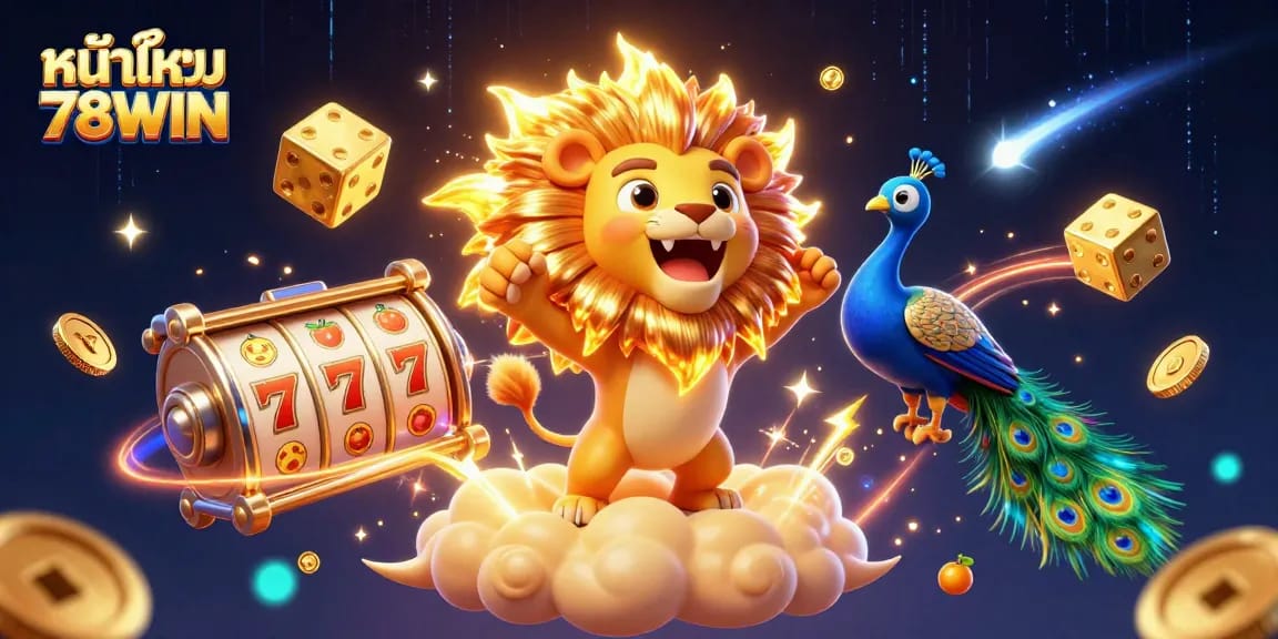 Catch the thrilling action at หน้าแรก 78WIN with vibrant slot reels sparkling amid a dynamic 3D casino illustration.