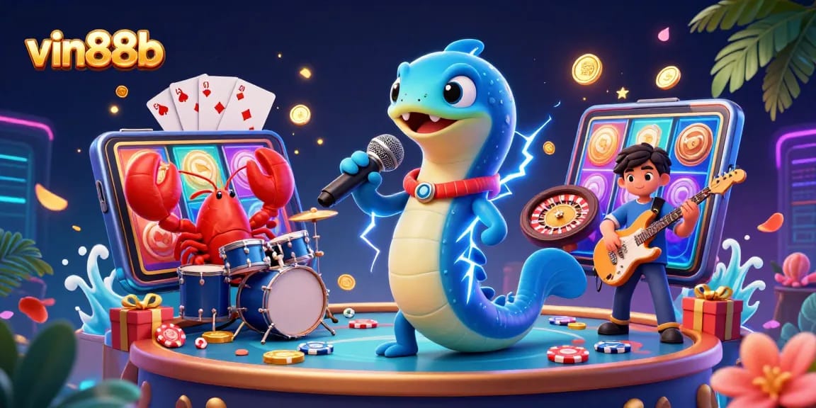 Spin and win with vin88b in this vibrant underwater casino scene featuring an electric eel DJ!