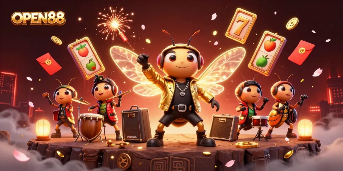 Join the excitement at OPEN88 with thrilling slot game elements featuring a cicada rock star and vibrant visuals