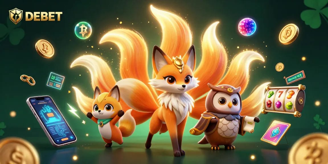 Engage in exciting DEBET gaming with a vibrant 3D casino spirit scene featuring iconic slot elements.