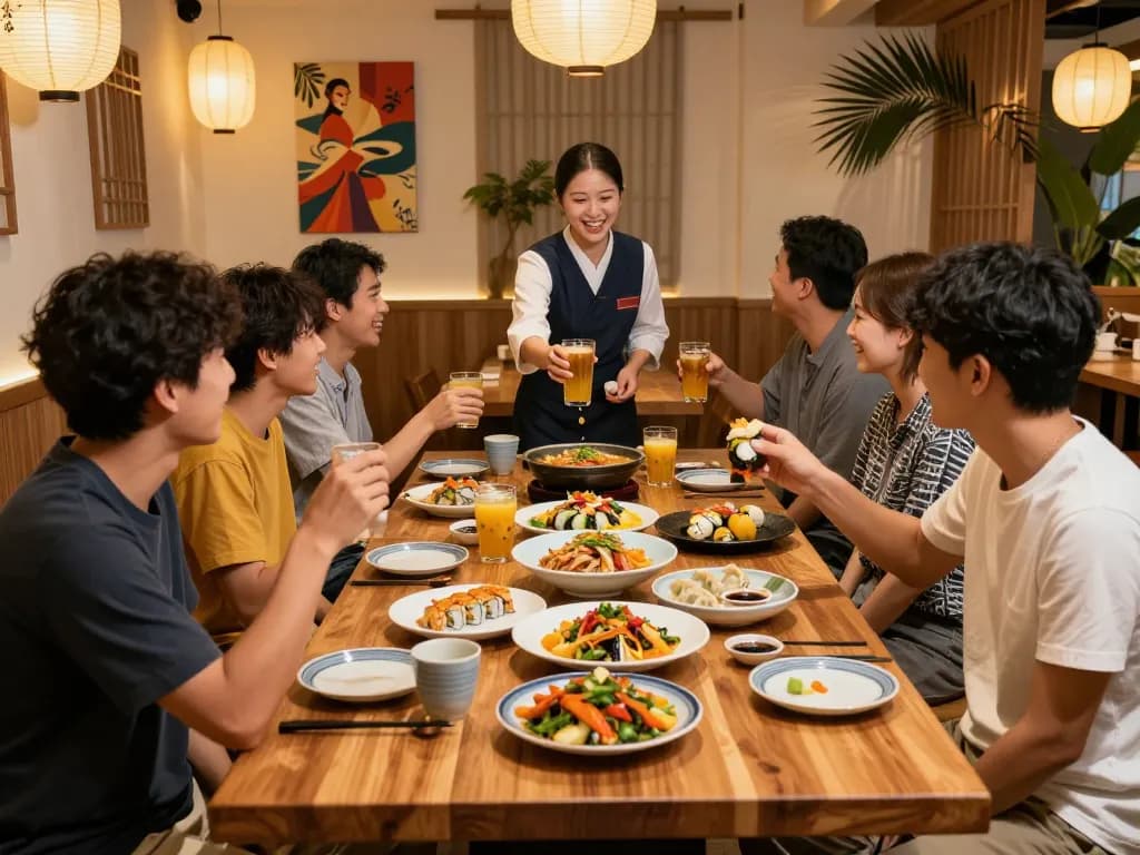 Group enjoying a lively meal at RED88 restaurant with vibrant Asian dishes.
