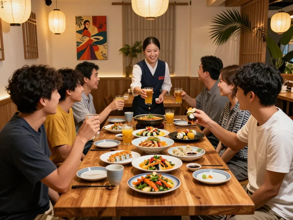 Group enjoying a lively meal at RED88 restaurant with vibrant Asian dishes.