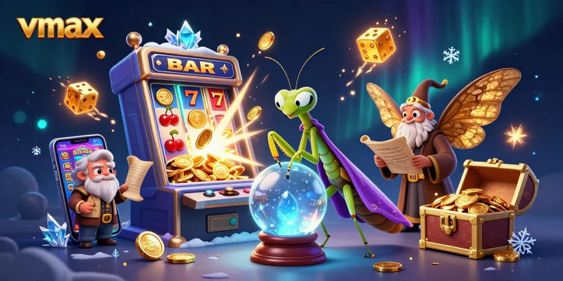 Engage in exciting gameplay at vmax with a vibrant casino scene featuring a mystical fortune teller and animated slot machines.