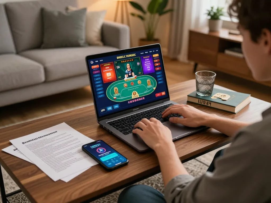 Player enjoying online poker via LU88VIP app in a cozy home setup, showcasing strategic gambling.