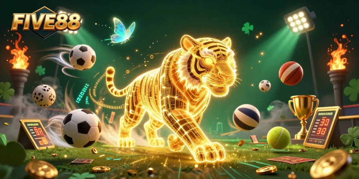 Bet on your luck at FIVE88 with a dynamic golden tiger illustration in a bustling digital casino.