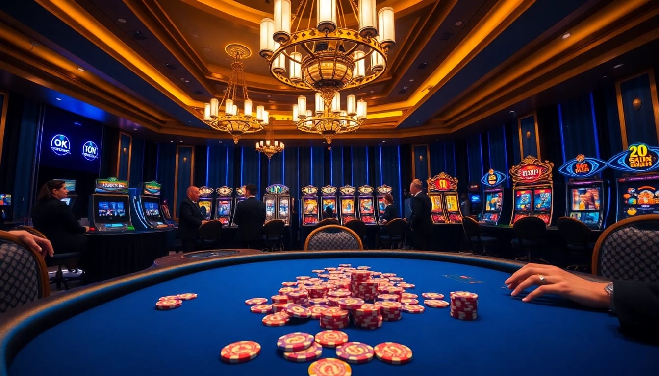 Exciting casino gaming at OKFUN with a luxurious poker table and vibrant slot machines.