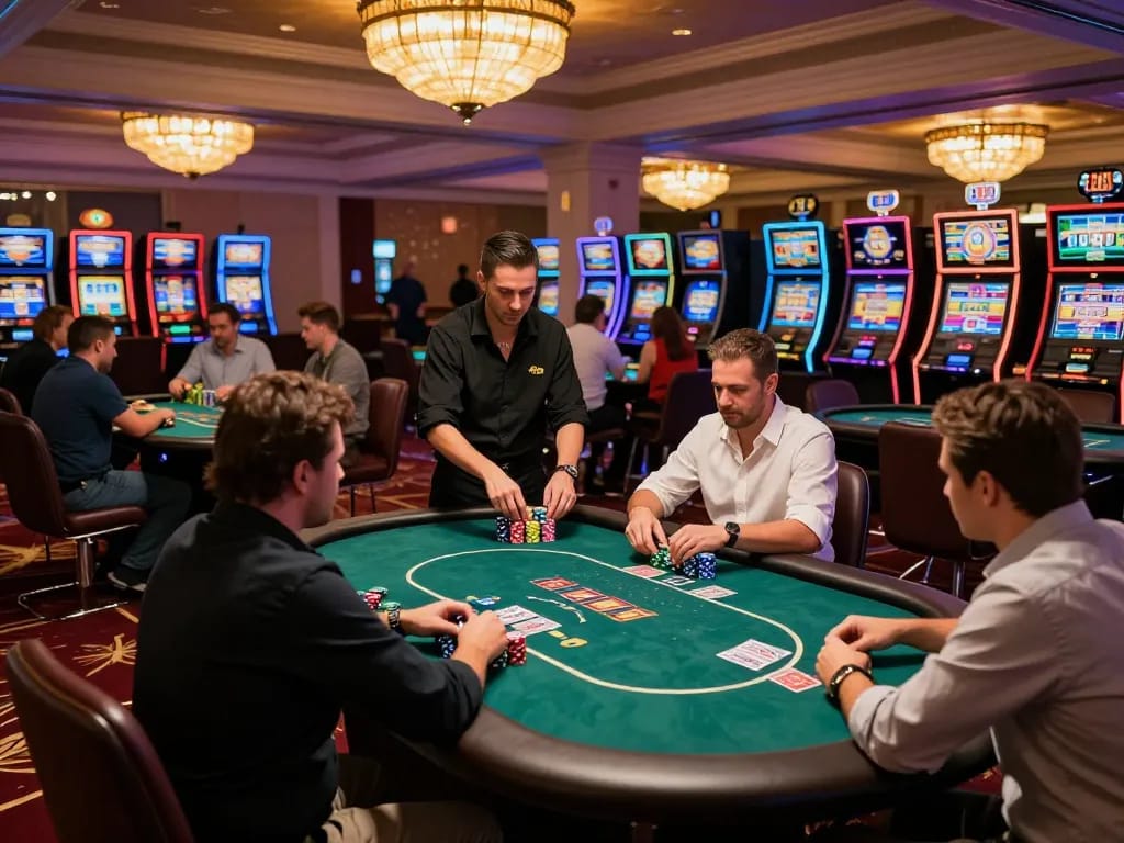 Experience high-stakes play at https://g28e.com/ with players engaged in poker action at a luxurious casino.