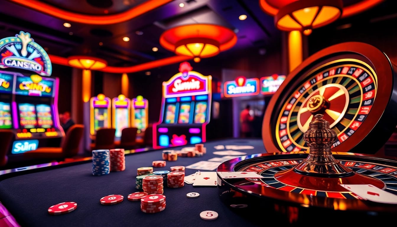 Experience the thrill of Sunwin gaming with vibrant casino visuals showcasing poker chips and slot machines.