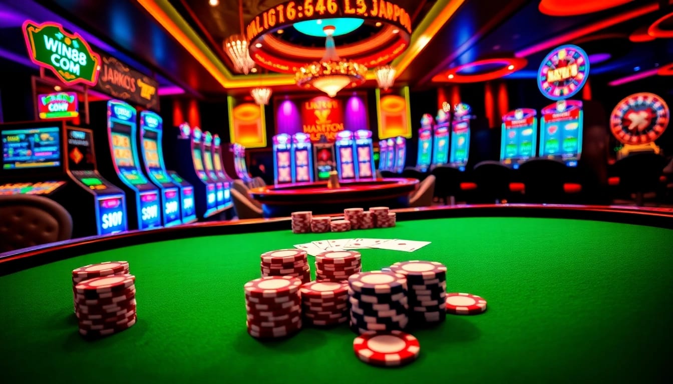 Experience the thrill of winning at WIN88 COM with luxurious casino gaming tables and vibrant slot machines.