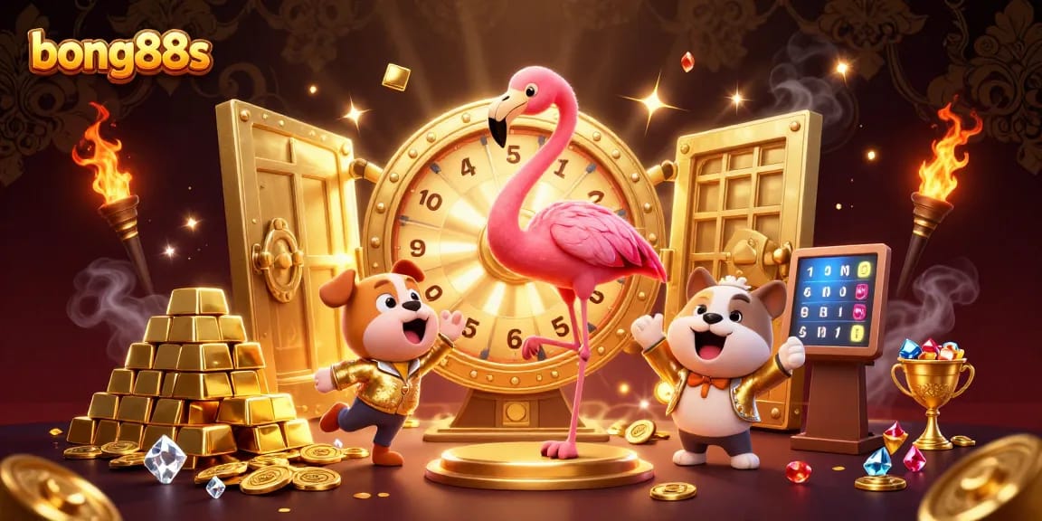 Join the excitement of bong88s with this vibrant cartoon scene featuring a game show host and a bulldog.