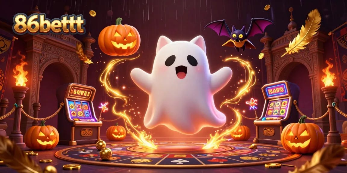 Engage with thrilling 86bettt slots as ghostly characters float through a haunted casino backdrop.