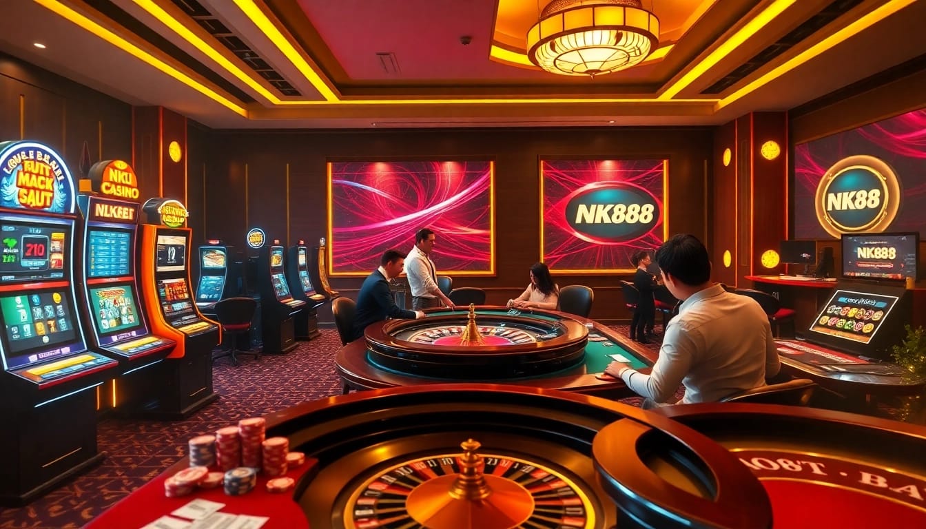 Players enjoying engaging casino games at NK88 with vibrant slot machines and poker tables.