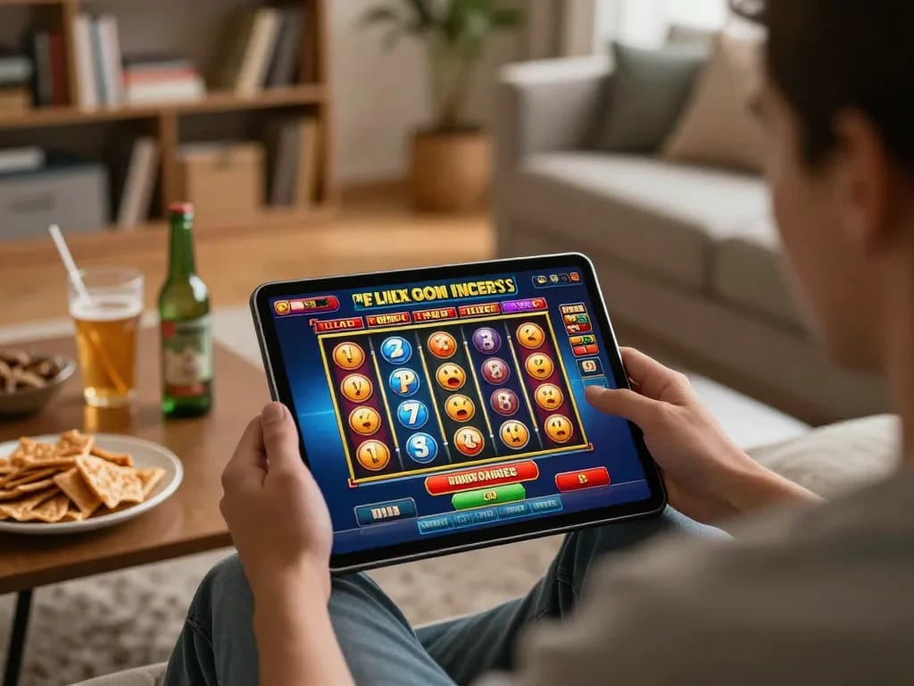 E2bet player enjoying the thrill of online slots in a cozy living room setting