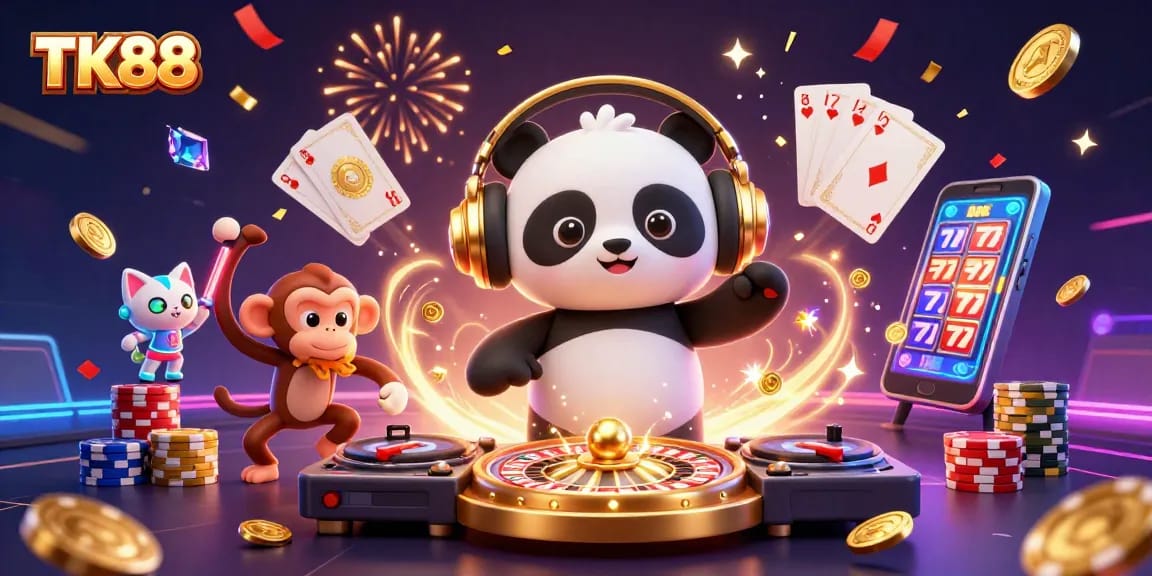 Experience the thrill of TK88 with vibrant gaming characters and casino elements in action.