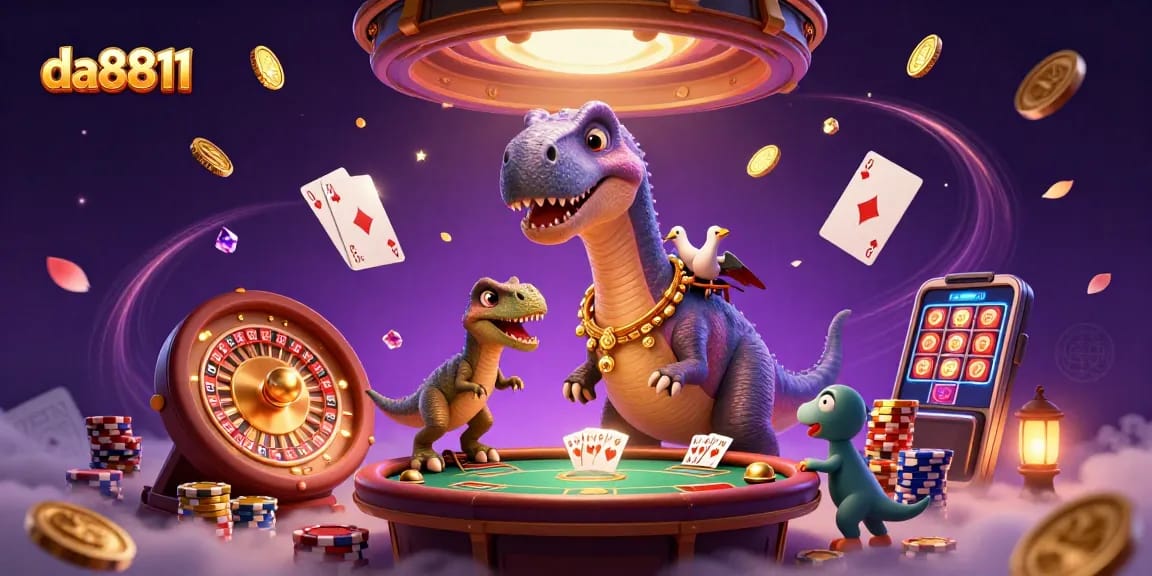 Experience the excitement of da8811 with a vibrant casino illustration featuring iconic characters and games.