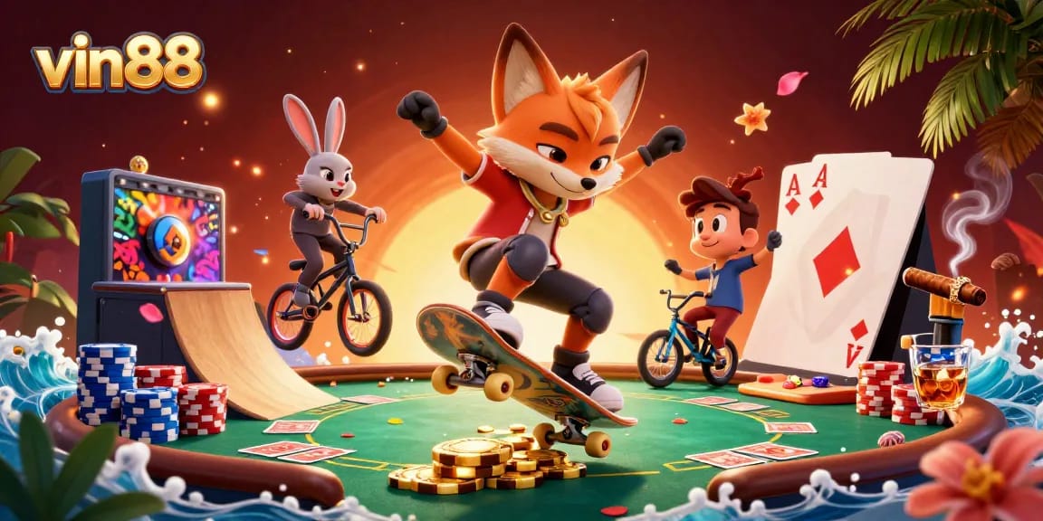 Experience thrilling action with vin88 as a fox skateboarder flips over golden poker chips in a vibrant casino scene.