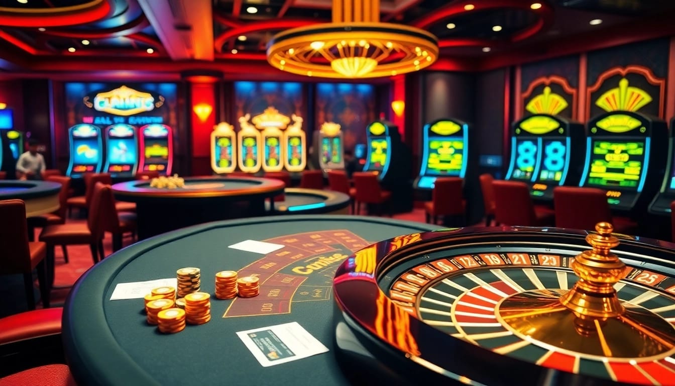 A dynamic online gambling scene at https://goal123.work/ with vibrant casino tables, roulette wheel, and flashing slot machines.