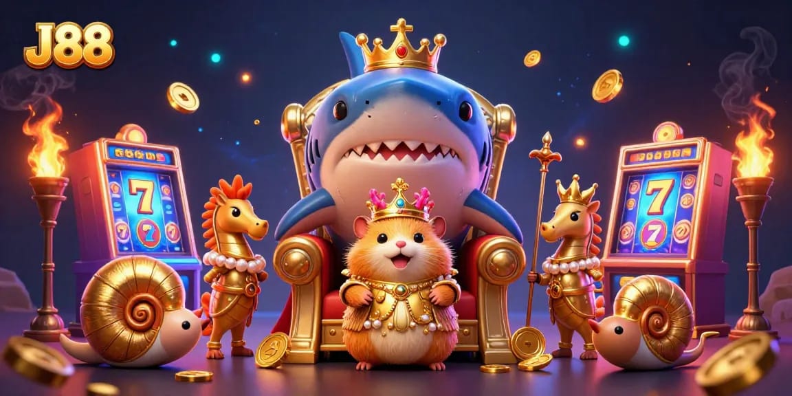 Engage with J88 at a vibrant casino, featuring a golden hamster king amidst slot machines and dazzling lights.