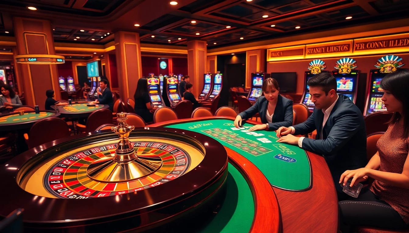 Experience the thrill of gaming at https://xx88brand.com/ with a dazzling casino scene featuring roulette and poker tables.