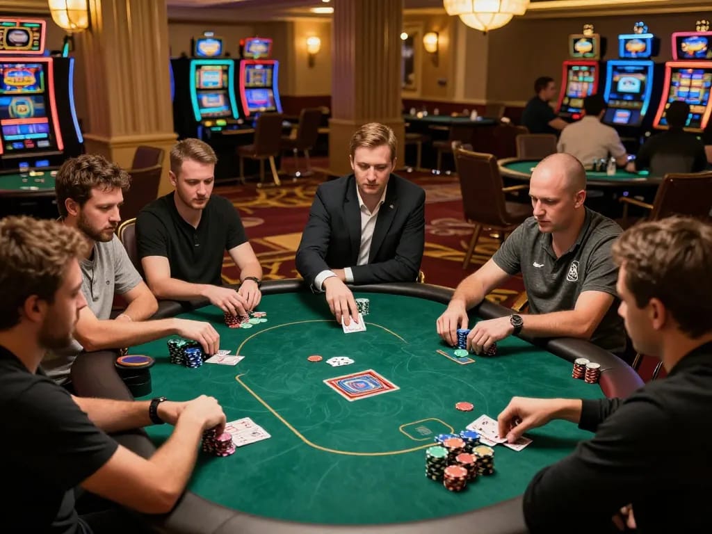 ku88it players engaged in high-stakes poker with chips stacked, creating an intense gaming atmosphere