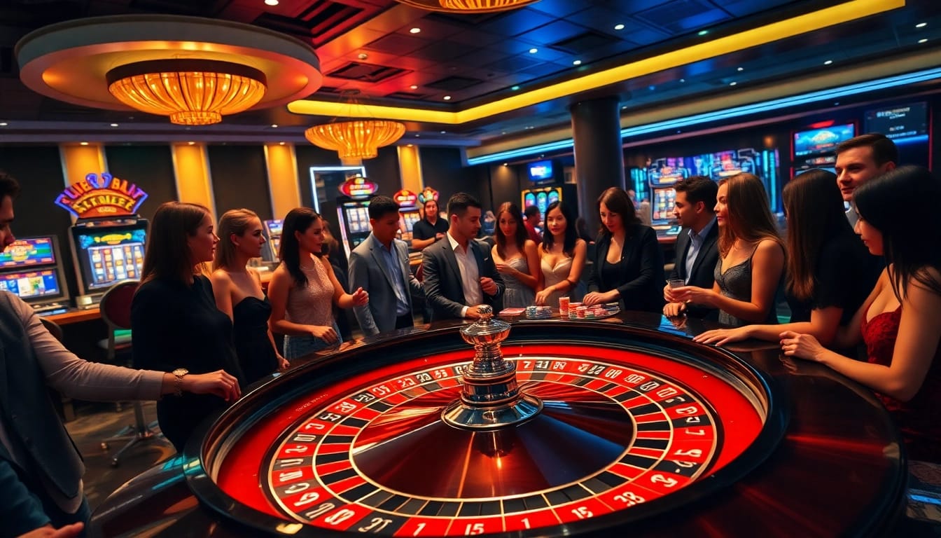 Experience the thrill of F168 as players enjoy a luxury casino atmosphere with roulette and poker.