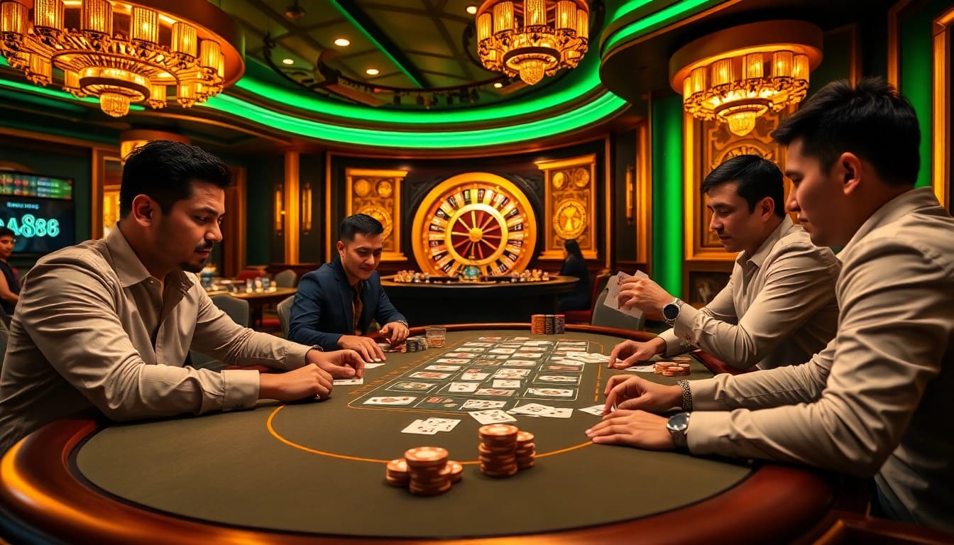 Engage in thrilling games at da88 trang chủ with vibrant casino visuals featuring poker chips and lively players.