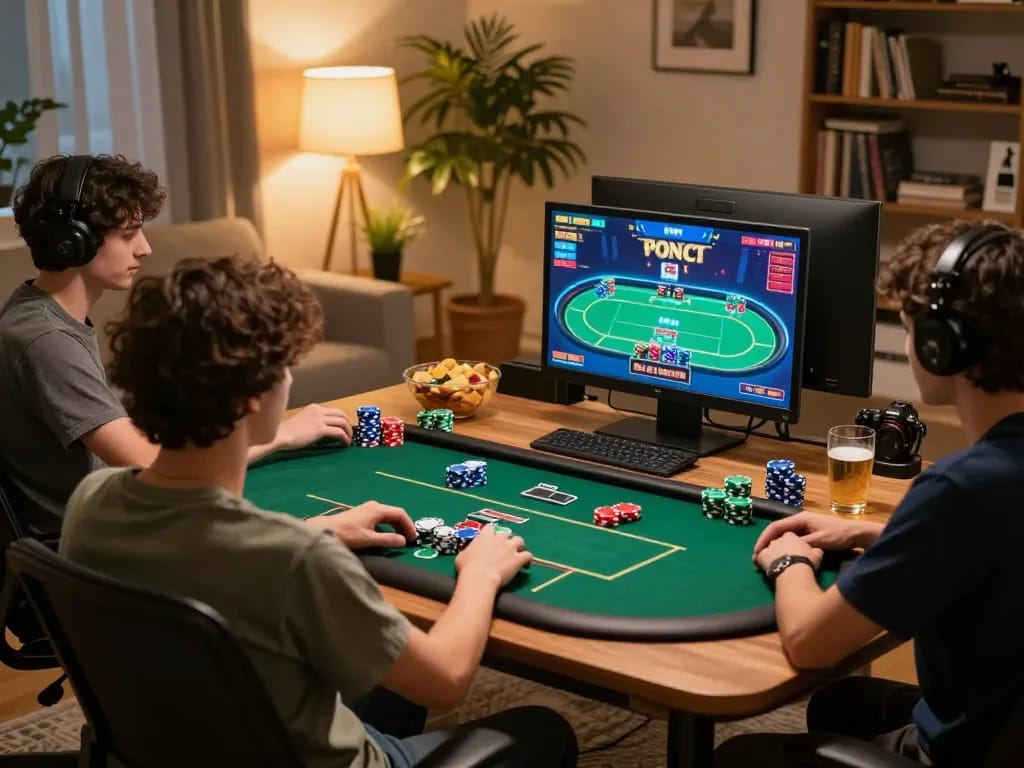 Engaging in an online poker game at home, surrounded by colorful chips while practicing nohu strategies.