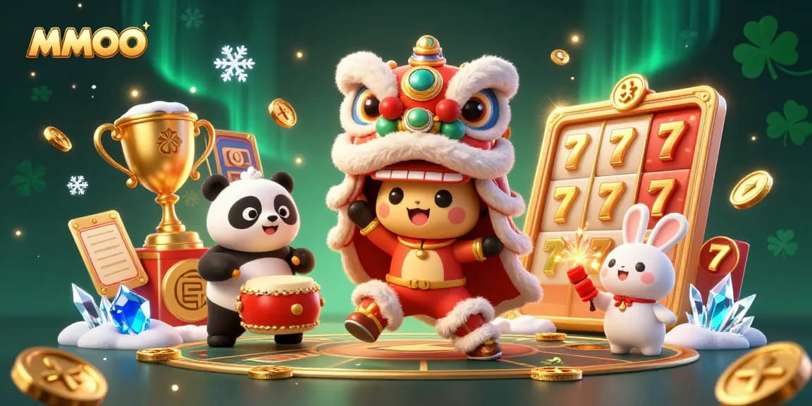 Engage in thrilling MMOO casino gameplay with a vibrant 3D illustration featuring lion dance performers.