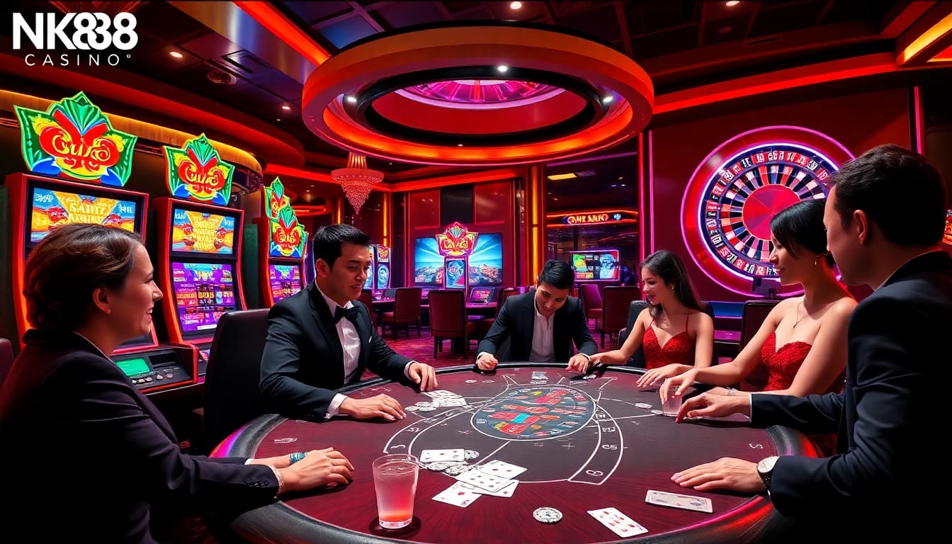 Exciting NK88 gambling scene with players at poker table, vibrant slots, and roulette wheel.