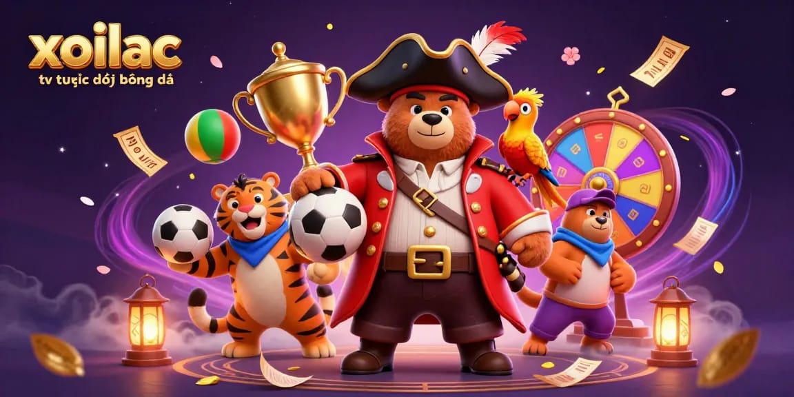 Xoilac tv trực tiếp bóng đá showcasing vibrant sports elements with a pirate bear and tiger in action.