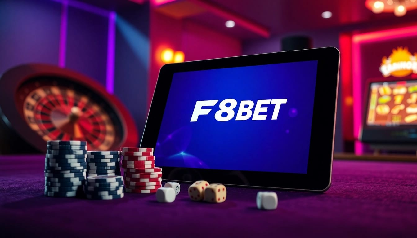 Exciting gameplay at F8BET casino showcasing a sleek online platform with poker chips and dice.