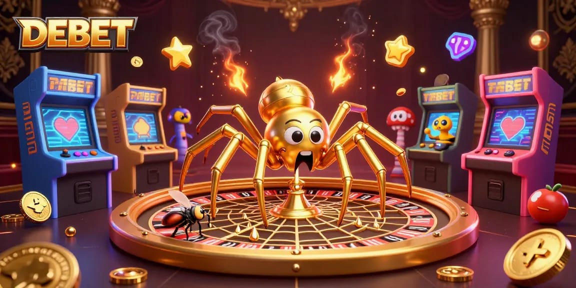 Visually stunning DEBET casino scene featuring golden spider and croupier in a gambling context.
