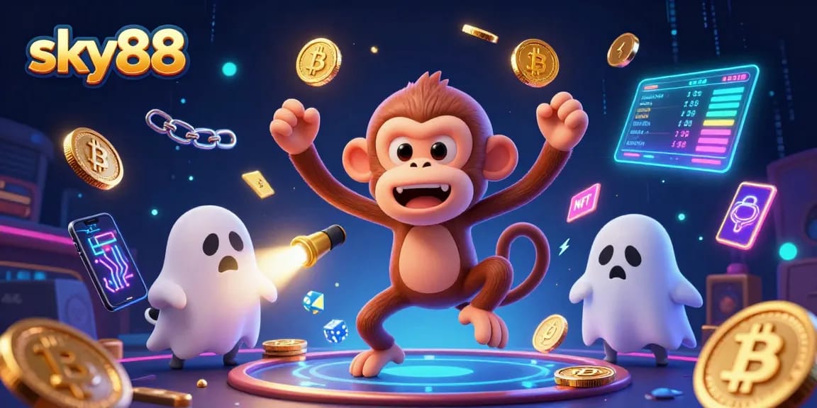 Engage in exciting gameplay at sky88, featuring vibrant 3D visual effects and glowing cryptocurrency elements.