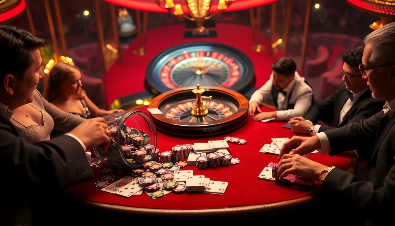 Players at ku88 casino enjoy an exciting poker game with vibrant chips and cards.