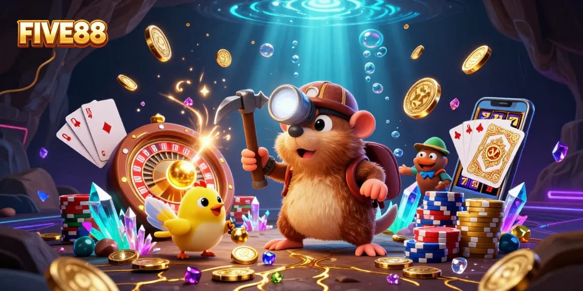 Engage with the thrilling world of FIVE88 casino, featuring vibrant treasures and game elements.