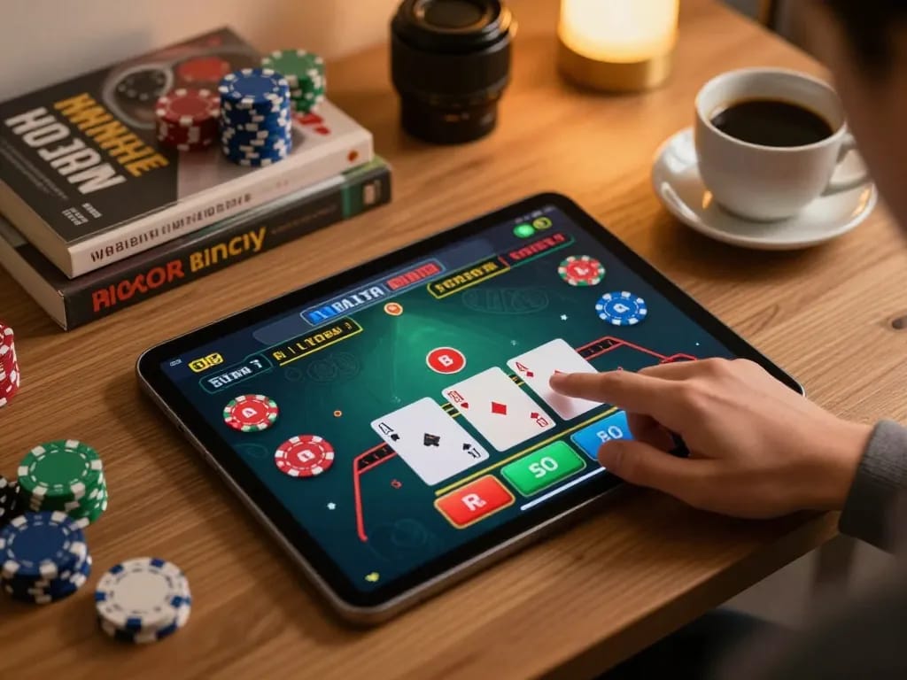 Player engaging in a strategic online blackjack game via oxbet on a tablet, highlighting dynamic gameplay.