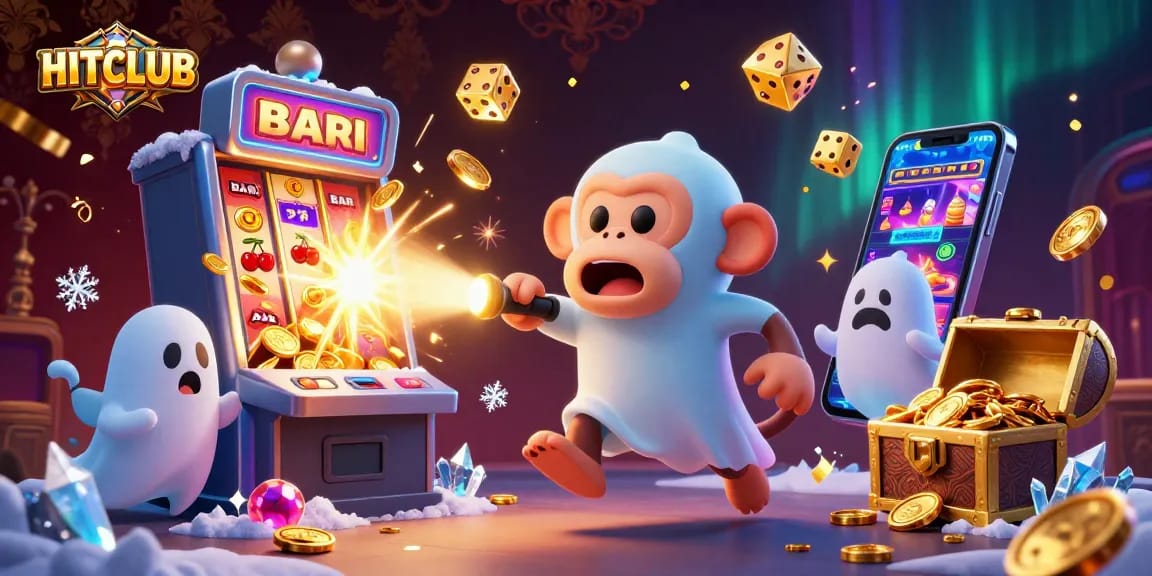 Experience HITCLUB's exciting casino atmosphere with a playful monkey and ghost-hunter puppy.