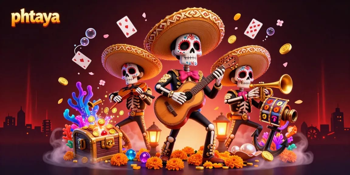 Phtaya offers a colorful slot experience with a vibrant Day of the Dead casino illustration.