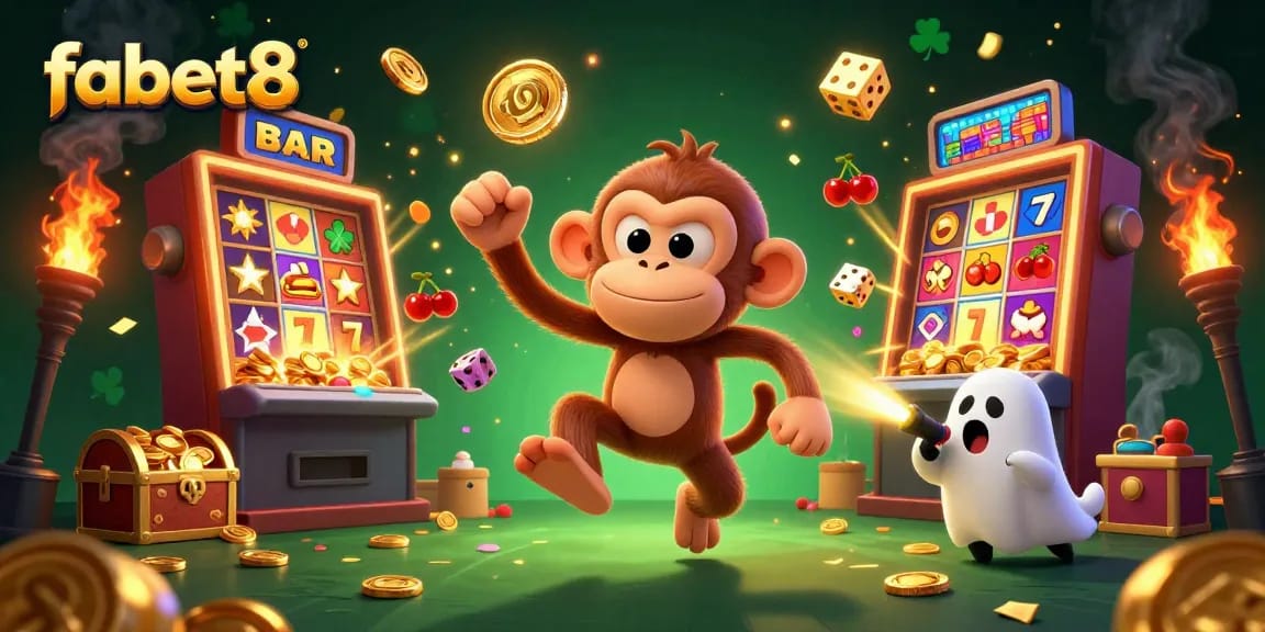 Experience thrilling gameplay at fabet8 with a ghostly monkey juggling golden casino treasures.